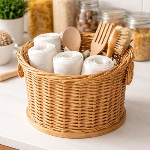 PEDDIG SHOP Two-Handle Storage Basket Weaving Kit – DIY Natural Rattan Craft Set with Pre-Drilled Wooden Base – Illustrated Instructions in English and Spanish – Practical Home Décor Organizer