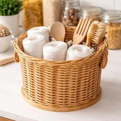 PEDDIG SHOP Two-Handle Storage Basket Weaving Kit – DIY Natural Rattan Craft Set with Pre-Drilled Wooden Base – Illustrated Instructions in English and Spanish – Practical Home Décor Organizer