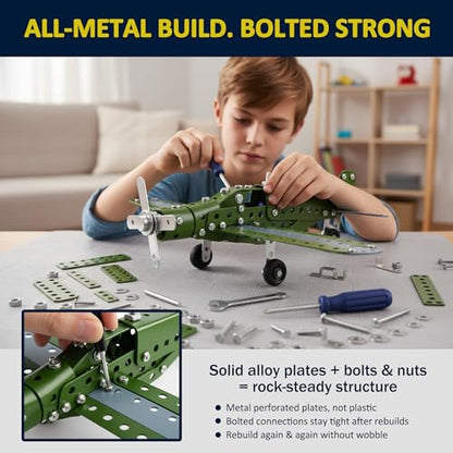 STEM Metal Airplane Building Kit for Kids, 285-Piece DIY Plane Set - style: Green Metal Airplane Build Kit