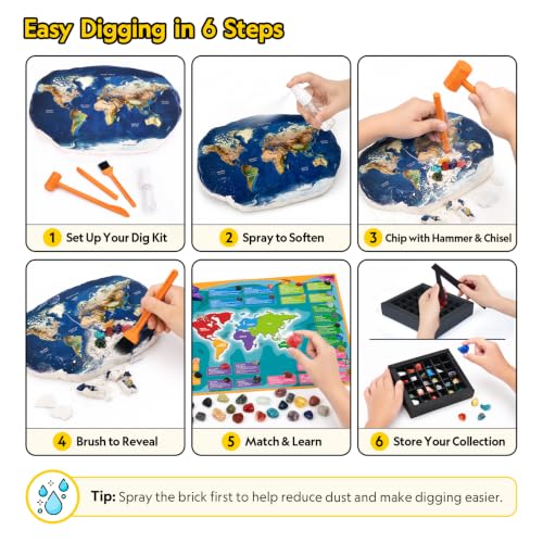 CubicFun World Map Gemstone Dig Kit for Kids 8-12, 30 Rocks & Minerals