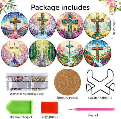 8 Pcs Diamond Art Coaster Kit for Adult with Holder, Diamond Coasters 4x4in - color: Cross Coasters-A, size: 8 Pcs 4x4in