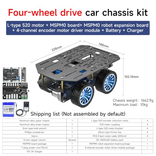 Yahboom 4WD Smart Chassis Car Kit with Aluminum Alloy Chassis,520 Encoder Motor,65mm Wheels,Robotic Moving Platform (Black, Unassembled) with Battery
