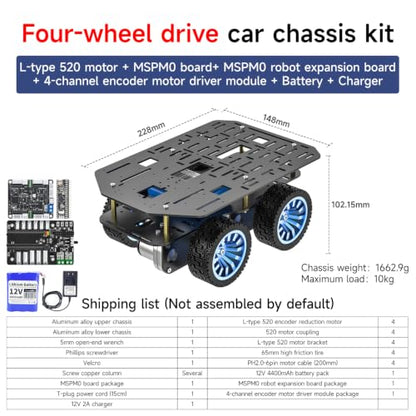Yahboom 4WD Smart Chassis Car Kit with Aluminum Alloy Chassis,520 Encoder Motor,65mm Wheels,Robotic Moving Platform (Black, Unassembled) with Battery