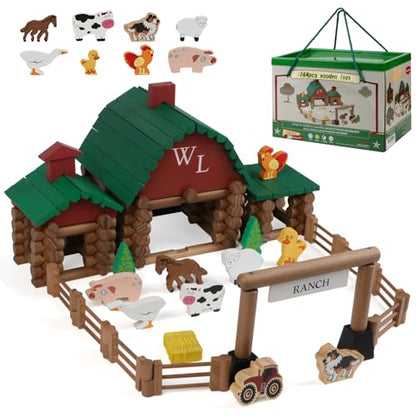 Wondertoys 164 Pcs Wooden Log Set Ranch Real Wood Logs Classic Building Log Ages 3+ Best Retro Farm Building Gift Set Creative Construction Engineering Educational Gifts - style: 164PCS Ranch