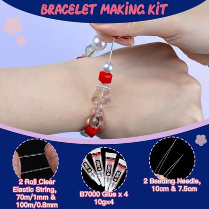 Fandamei Elastic String for Bracelets Making Kit, 1mm&0.8mm Clear Bracelet String, 10ml B7000 Glue*4 with Stretchy Bracelet String, Jewelry Glue&Beading Needles for DIY Necklaces, Bracelets & Jewelry