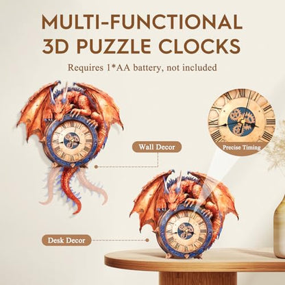 3D Puzzles for Adults Wooden Fire Dragon Puzzle Clock Adult Crafts - color: Fire Dragon Clock