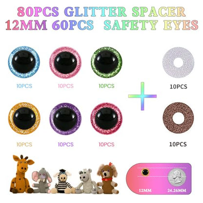 MUCUNNIA 120pcs 12mm Glitter Safety Eyes for Amigurumi with Washers - size: 12mm