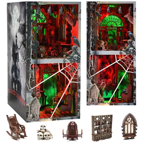 fifijoy Haunted House Halloween Book Nook Kit, Spooky Shelf Insert Bookshelf Diorama Horror Art Miniature Decor, Creepy Scary Wooden Puzzle Booknook (Haunted Mansion) - color: Haunted Mansion