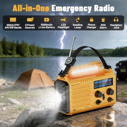 NOAA Weather Radio FM AM Shortwave, Emergency Radio 5000mAh Solar Crank - color: Yellow