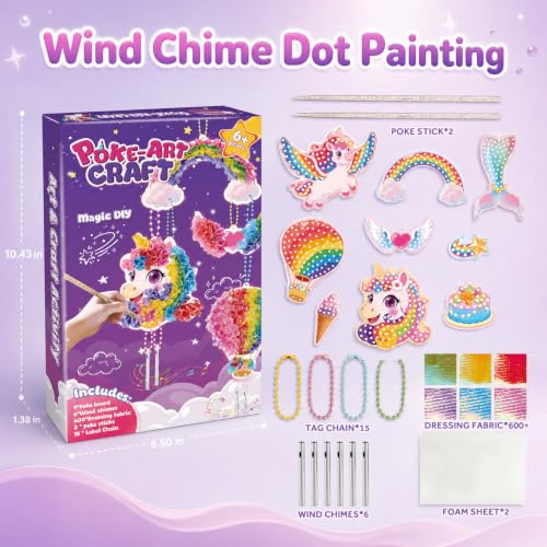 Juloviy Poke-in Art, DIY Poke Art Craft Kit for Kids Ages 6+, Fabric Poking Set with Wind Chime Decorations, Mess-Free Creative Toy for Children
