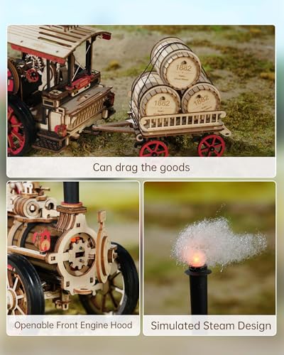 ROKR 3D Puzzle for Adults 469pcs Electric Vintage Car Steam Engine Model Kits, Mechanical Wooden Assembly Puzzles Vehicle DIY Hobbies Christmas Gifts for Men Women