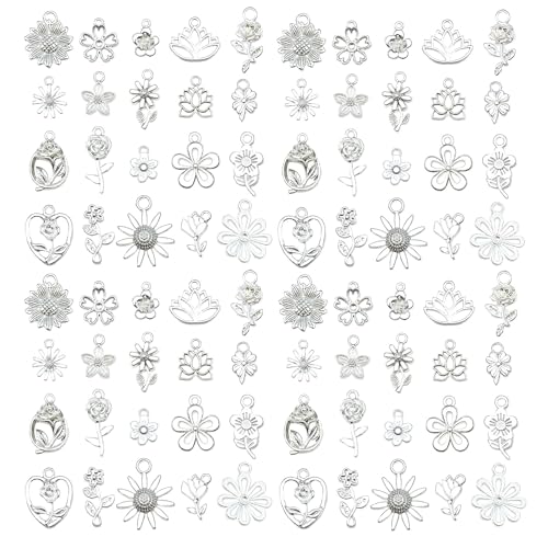 WOCRAFT 60pcs Bright Silver Flowers Bracelet Charms for Jewelry Making Sets DIY Necklace Bracelet Keychain Crafting Charms Kit Craft Supplies (SN879) - color: Bright Silver, size: Flowers Charms