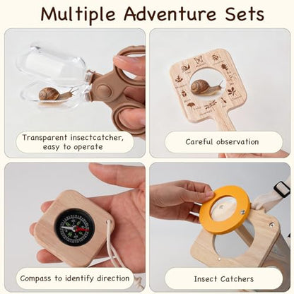 Bug Catching Kit for Kids Ages 3-14, 11PCS Wooden Nature Explorer Set with Butterfly Net, Bug Habitat, Magnifying Glass and Outdoor Insect Tools, Catch-and-Release STEM Educational Toy Gift