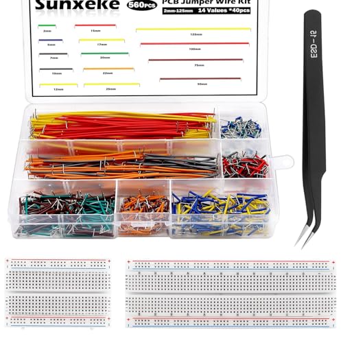 560Pcs Breadboard and Jumper Wire kit PCB Circuit Board Assortment,14 Different Lengths Breadboard Jumper Wires with Breadboard and Tweezers,Suitable for Electrical DIY Experiments - style: 560Pcs+Breadboard