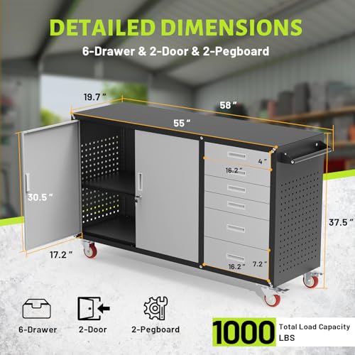 55"W Heavy Duty Rolling Workbench with Drawers and Storage,1000 LBS Capacity Work Bench with Lockable Cabinet & Adjustable Shelf,Garage Workbench with Pegboard & Wheels for Garage/Repair Shop