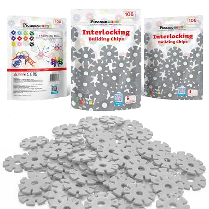 PicassoTiles Building Chip Interlocking Disc Construction Blocks in Gray Color STEM Learning Early Education Toy Engineering Playset Child Brain Development for Toddlers Girls Boys Kids Age 3+ PTF108 - color: Gry