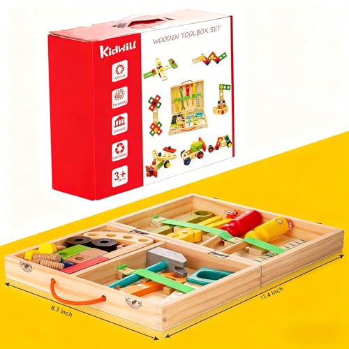 Wooden Kids Tool Kit, Montessori Tool Set Toys for Boys Girls 3+