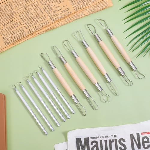 12PCS Double-Sided Clay Sculpting Tools, Wooden Handle Clay Carving Tools Clays Wire Loop Sculpture Set Clays Pottery Sculpting Tool Set for Ceramic, Carving Modeling - color: Silver + Wood