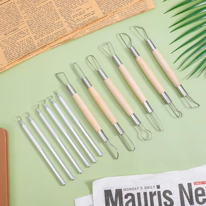 12PCS Double-Sided Clay Sculpting Tools, Wooden Handle Clay Carving Tools Clays Wire Loop Sculpture Set Clays Pottery Sculpting Tool Set for Ceramic, Carving Modeling - color: Silver + Wood