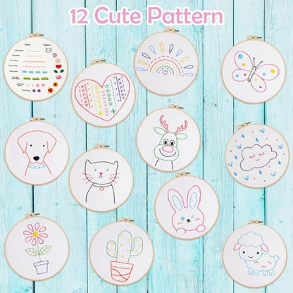 Louise Maelys 12 Pre-Stamped Embroidery Kits for Beginners, Cross Stitch for Kids Girls,DIY Needlepoint Craft Sewing,Practice Kit Supplies,Funny Cute Pattern,Perfect for Ages 8+ - color: 12 embroidery kits