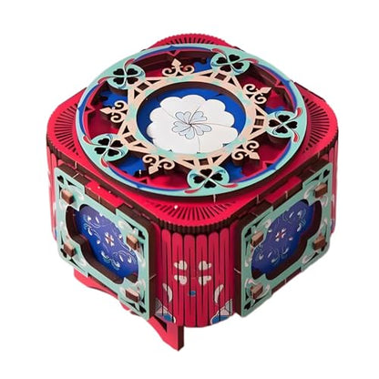 3D Wooden Puzzle Music Box with Light Up Four-Leaf Clover, DIY Mechanical Model Kit, Desktop Decoration Jewelry Box for Adults, Birthday (Rose Red)
