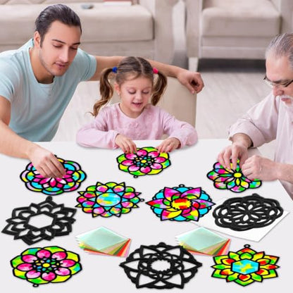 Qyeahkj 36 Set Mandala Suncatchers Crafts for Kids DIY Mandala Window Tissue Paper Craft Kit Art Flower Hanging Decor for Summer Home Activity Art Project Birthday Party Favor Gift - style: Mandala