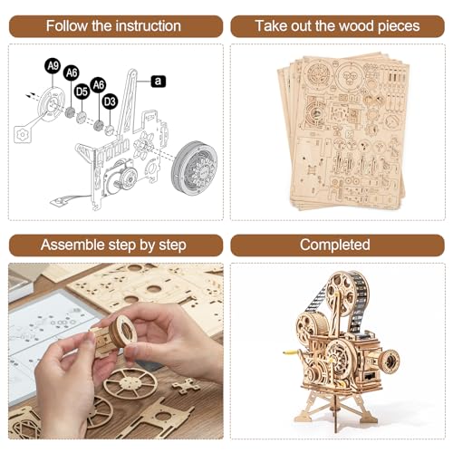 Rowood 3D Puzzle for Adults, DIY Wooden Model Kit for Adults to Build, Handheld Film Mechanical Gear Building Set, Birthday Vitascope Projector