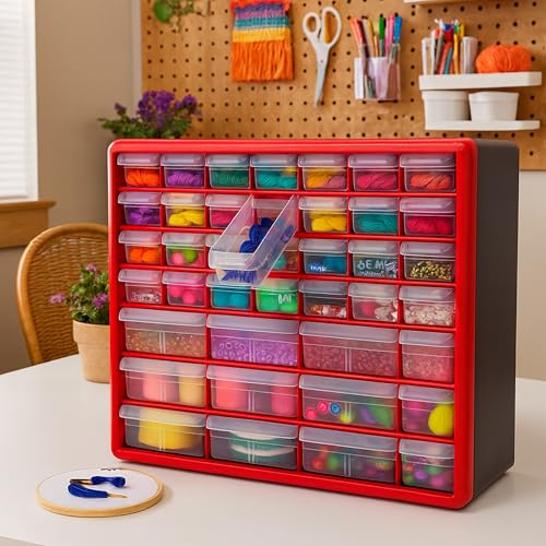Akro-Mils 44-Drawer Plastic Storage Cabinet, 20" W x 6" D x 16" H, Red - color: Red, size: 44 Drawer, style: 1 Pack