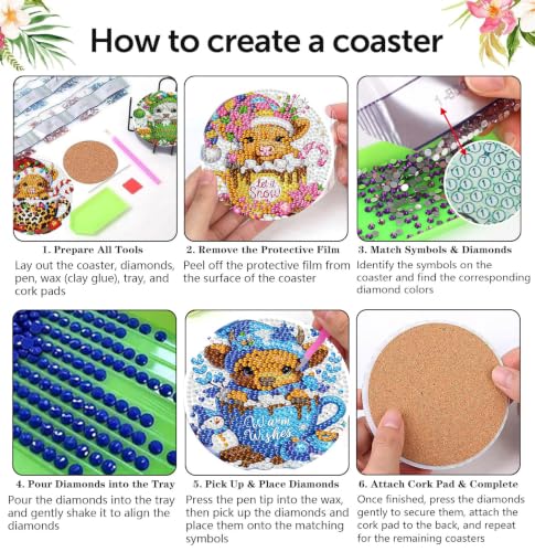 Christmas Cow Diamond Art Coasters Kit, 8 Pieces Diamond Painting Coasters - color: Christmas Cow