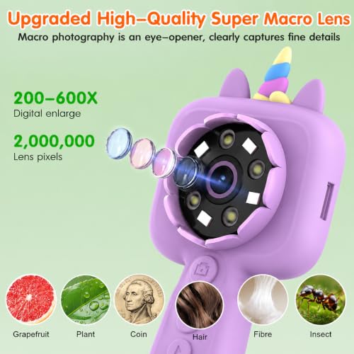 Kids Microscope, 2.4" Screen Handheld Digital Microscope 600X with 4K Camera & 8 LED Lights, Portable Pocket Microscope for Bugs Plants Nature Exploration, STEM Science Toy Gift Ages 3-12（Purple） - color: Purple