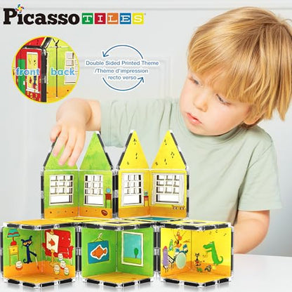 PicassoTiles Magnetic Tiles Pete the Cat Home Theme Building Blocks Double Sided Printing Toddler Magnet Toys Education STEM Learning Kit Construction Brain Development Preschool Kid Game Boy Girl 3+ - style: Pete the Cat Double House