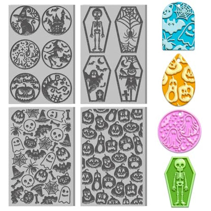 4PCS Halloween Polymer Clay Texture Sheets Set for Using with Clay Cutters, Pumpkins Clay Texture Mats, Jewelry Making DIY Halloween Craft Tools - style: Halloween Theme-4pcs