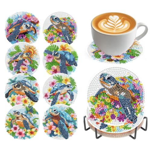 Sea Turtle Diamond Art Coasters Kit, 8 Pieces Diamond Painting Coasters Kit - color: Floral Turtle