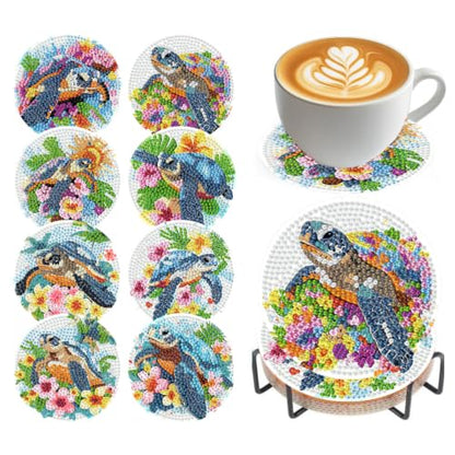 Sea Turtle Diamond Art Coasters Kit, 8 Pieces Diamond Painting Coasters Kit - color: Floral Turtle