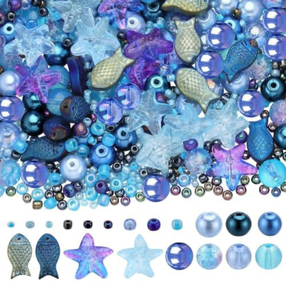 SUNNYCLUE 1 Box 540pcs Ocean Beads Kit Glass Summer Fish Starfish Charms Blue Hawaii Sea Animal Charm Glass Seed Beads for Jewelry Making Findings Kits DIY Bracelet Necklace Supplies - color: Blue