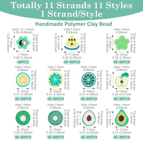 Elecrelive 11 Strands Green Fruit Clay Beads Mixed Avocado Lemon Apple Kiwi Slice Charms Flower Polymer Clay Spacer Beads for Necklace Bracelets Earrings Key Chains Making - color: Lime Green