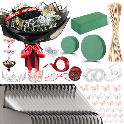 XunYee Bouquet Kit 20 Sheet Flower Wrapping Paper 100 Pcs Bamboo Skewers Floral Foam Blocks for Anniversary Birthday Gift Graduation Mother's Day(Transparent Black) - color: Transparent Black