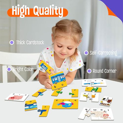 Self-Correcting Spelling Puzzles, Double-Sided Three and Four-Letter Word Spelling Cards with Picture Matching, 48 First Words Learning for Kindergarten Readiness, Preschool Ages 4+ - style: 24 Blocks Double Sided-B