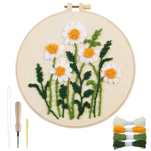Punch Needle Kit Adults Beginner, Step-by-Step Guide & Video - color: White Daisy