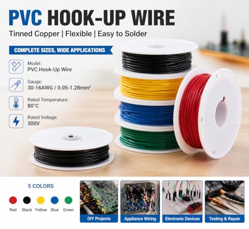 16 AWG Stranded Hook Up Wire Kit, 5 Colors 5m Each, 25m Total, Tinned Copper PVC Electronic Wire, 300V 80°C, 1.28mm², 2.4mm OD - color: Red Black Yellow Blue Green, size: 16AWG