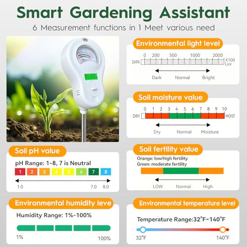 6-in-one Soil Test Kit-Soil Moisture Meter/PH Meter/Fertility/Sunlight Intensity Soil Tester, LCD Air Hygrometer&Temperature Moisture Meter for Plants-Garden, Lawn,Farm,3 Pack Detachable Probe