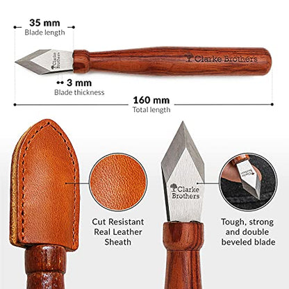 Clarke Brothers Marking Knife and Real Leather sheath – Wood Marking Gauge – Premium Woodworking Tool with High Carbon Steel Blade – Quality with Sharp Blade – Beautiful Wooden Handle