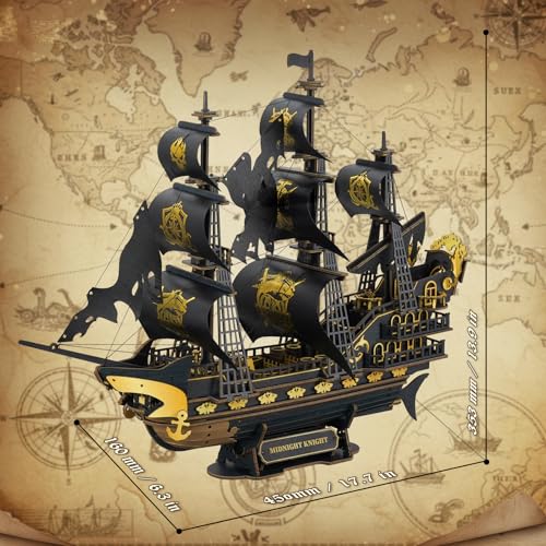 3D Wooden Puzzles for Adults - Black Pirate Ship 3D Puzzle Model Kit - color: Black-gold Pirate Ship