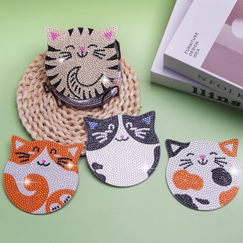 Vcekract 6 Pcs Cat Diamond Art Coasters Kit for Adults - color: Cat Coasters