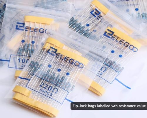 ELEGOO 525 Pcs 1/4W Metal Film Fixed Resistor Kit, 17 Values, ±1% Tolerance