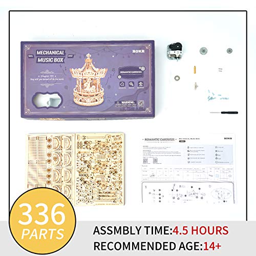 ROKR 3D Wooden Puzzle Carousel Model Building Kits Rotating 5-Horses Music Box Christmas Birthday Gift for Adults&Teens