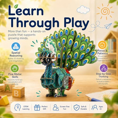 MierEdu Build 'N' Sound 3D Puzzle for Kids, Animal Puzzle with Sound Module, Educational STEM Craft Kit, FSC Paper Model Building Toy Gift for Ages 6+ - color: Peacock