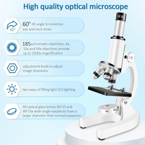 Microscope for Kids & Adults,40X-2000X Magnification Microscope for Kids 8-12, with LED Fill Light & Phone Holder, Great for School Labs and Home Schooling - color: White-2