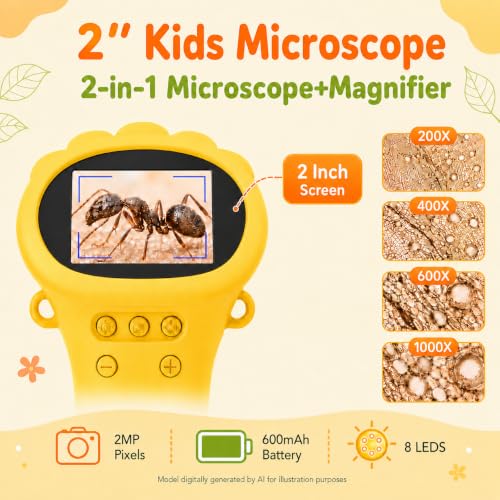 1000X Microscope for Kids, 2'' Screen Kids Wonder Quest Microscope Camera, Digital Handheld Microscope, Educational Kids Magnifying Glass, Christmas Birthday Gifts for Age 3 4 5 6 7 8 9 10- Yellow - color: Yellow