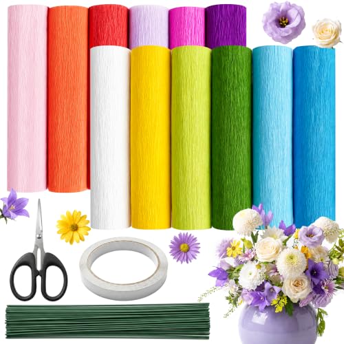 Premium Crepe Paper for Flower Making Kit, 12 Rolls Italian Crepe Paper - color: 12 Multicolor